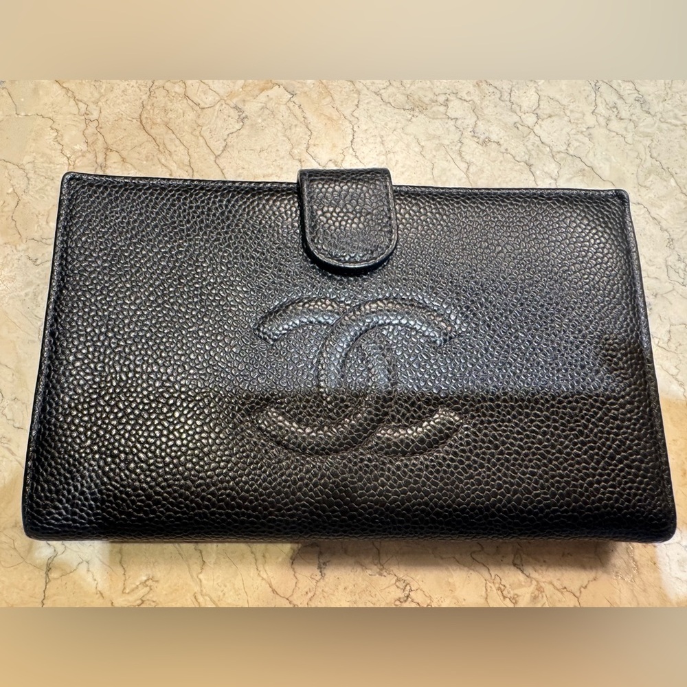 CHANEL Black Leather Wallet with Gold Accents